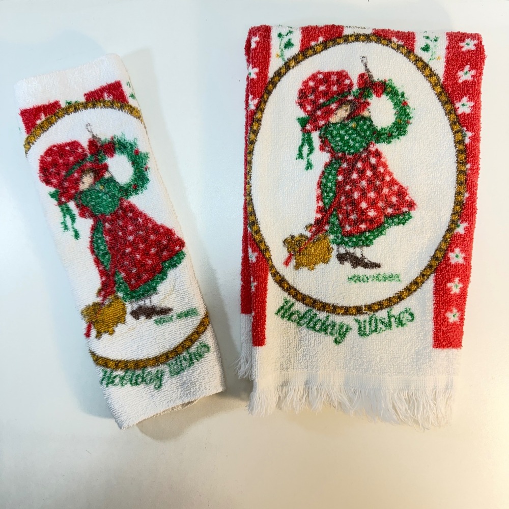 American Greetings Holly Hobbie Hand Towel Set White Christmas Vintage 70s